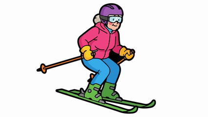 Cartoon of a senior woman skiing downhill with ski poles and gear