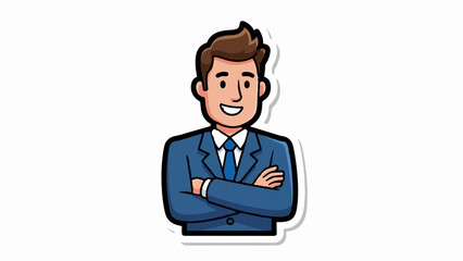 Obraz premium Cheerful cartoon man in a blue suit and tie, arms crossed confidently