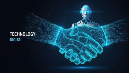 Digital technology partnership represented by human and robot handshake