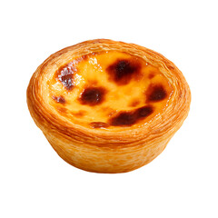 Close up of a portuguese egg tart with a caramelized top on transparent background