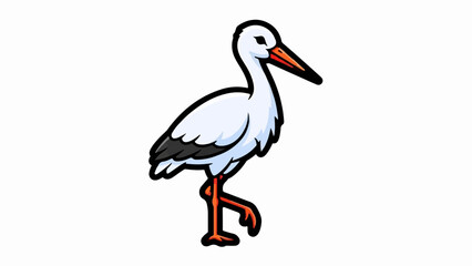 Cartoon stork with white body, black wing tips, and orange beak and legs