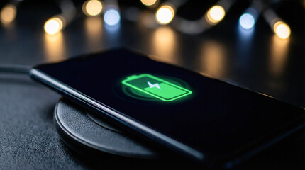 Modern smartphone charging wirelessly on a pad with glowing lights.