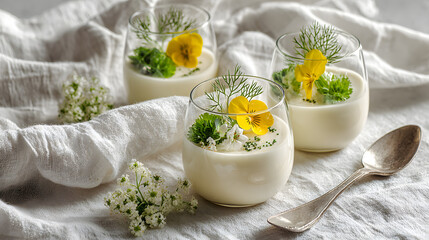 Creamy dessert in glass with yellow edible flowers and green herbs