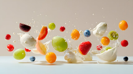 Fruits and berries splashing in milk in mid air