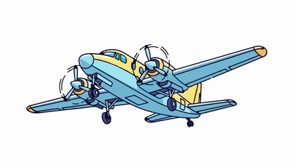 Cartoon illustration of a twin-engine airplane in sky blue and yellow, with propellers spinning © Burung
