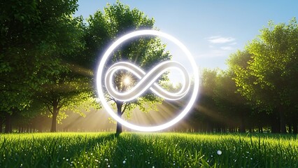 Infinity symbol glowing in sunlit green meadow with trees