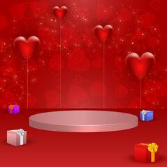 Valentines day background with empty podium for product display and gift boxes and many hearts and heart shaped balloons decoration elements.