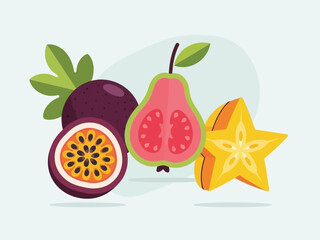 Assortment of exotic tropical fruits including a whole passion fruit a sliced guava and a star fruit illustration perfect for healthy eating concepts