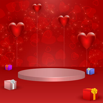 Valentines day background with empty podium for product display and gift boxes and many hearts and heart shaped balloons decoration elements. Vector illustration.
