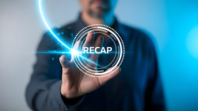 Man's Hand Touching a Futuristic Interface Displaying the Word RECAP with Glowing Light Effects