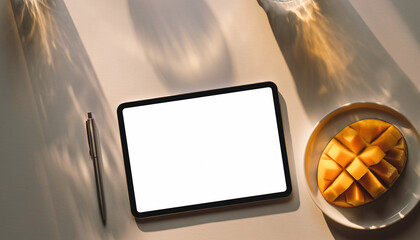 Digital tablet with blank screen and stylus pen next to a plate of sliced mango on a table with sunlight and shadows.
