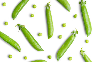 Macro, closeup background of fresh whole green pea pods isolated on white, transparent background. Vibrant green color and crisp texture suggest organic freshness and seasonal harvest, healthy food