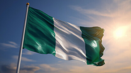 Nigeria – National Flag Waving in the Wind Against Blue Sky, Symbol of Unity, Independence and National Identity