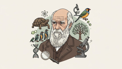 Charles Darwin portrait surrounded by symbols of evolution science and nature illustration for educational use