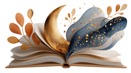 Open book with golden crescent moon and swirling colorful elements, creating a magical atmosphere of imagination and creativity. isolated image, transparent background