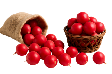 Fresh red currants spilling from a burlap sack and woven basket on transparent background