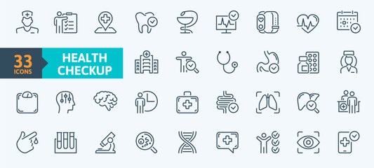 Check-up related outline icons collection. Health Check, Medical Examination, Wellness Check, Physical Exam and Routine Checkup, Diagnosis, treatment, doctor etc. Medical check up icon set. 