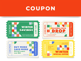 A set of winter sale coupons offering discounts on seasonal items and valid until the end of the sale online and in stores.