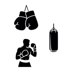 Boxing training equipment and boxer silhouette Vector