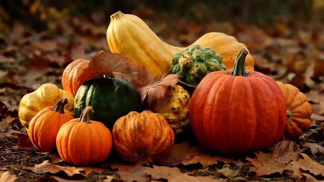 Harvest celebration shows various pumpkins and gourds arranged on leaves during the fall season in a natural setting