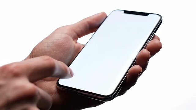 Hand holding a modern smartphone with blank screen for customization