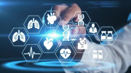 Digital medical technology interface concept with doctor hand and icons - Powered by Adobe