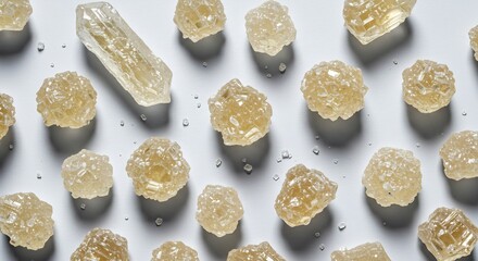 白い背景に琥珀色の氷砂糖の結晶が美しく輝く。様々な形の透明感あふれる砂糖粒が明るい光で魅力的に配置され影を落とす。. AI Generated