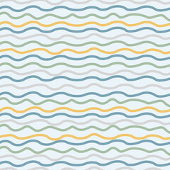 北欧テイスト波線パターン（スカンジナビアンブルー）ー 爽やかな北欧カラーの柔らかな横ウェーブ。デザインペーパー、マスキングテープ、マスキングシールブック、フレークシール、クリアファイル、手帳デコ素材、ノート表紙、ハンカチ、箸、マグカップ、皿、キッチンクロス、キッチン雑貨、ポーチ等に最適。