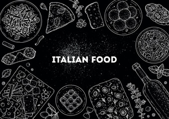Italian cuisine top view frame. Italian food. Vector drawing illustration. Set of sketches of Italian dishes. Food menu design template. Chalkboard style. Not AI generated.
