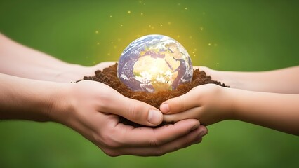 Caucasian Hands Gently Cupping Glowing Earth in Rich Soil, Ecology and Environmental Protection Concept, Nurturing Nature, Green Future