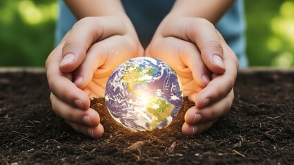 Caucasian Hands Gently Cupping Glowing Earth in Rich Soil, Ecology and Environmental Protection Concept, Nurturing Nature, Green Future