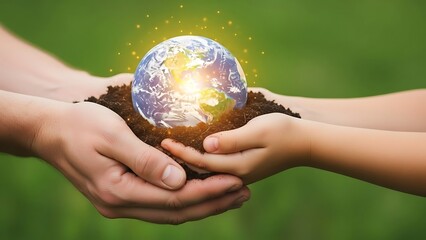 Caucasian Hands Gently Cupping Glowing Earth in Rich Soil, Ecology and Environmental Protection Concept, Nurturing Nature, Green Future