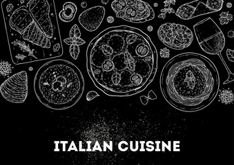 Italian cuisine top view frame. Italian food. Vector drawing illustration. Set of sketches of Italian dishes. Food menu design template. Chalkboard style. Not AI generated.