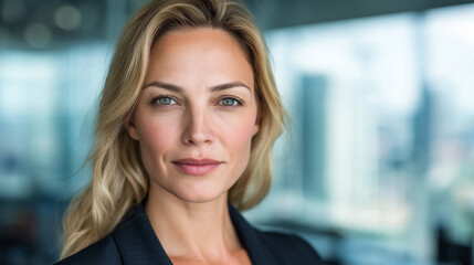 Blonde woman in a suit against blurry background suitable for business presentations, career related articles, and office themed designs. Perfect for professional marketing materials.