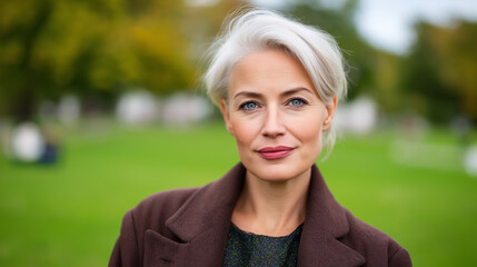 Beautiful woman with silver hair in a park setting, suitable for lifestyle, wellness, natural beauty, and outdoor themes in design.