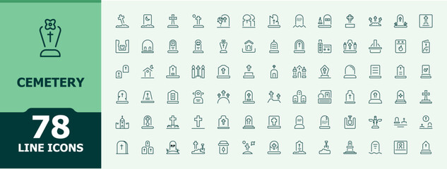 Cemetery modern icon set. Outline icons pack. Pictogram and infographic. Pumpkin related icon set. Pack of halloween, magic, witch, event, spider, grave and more.
