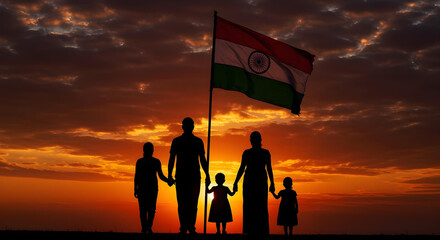 Silhouette of Indian Family Holding National Flag at Sunset