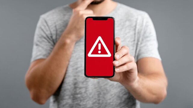 Man holding smartphone with red warning alert icon on screen, concept of error, scam or cyber security