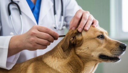 A veterinarian examining a dog in a clinic, illustrating tick removal, parasite control, and professional pet healthcare during a routine checkup.