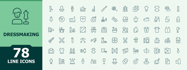 Dressmaking vector line icon set. Fashion icon set. Web icons pack. Pictograms of sewing, knitting, needle, textile, knit and more. Editable vector art.