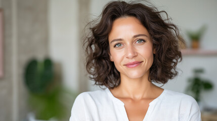 Portrait of a cheerful woman with curly hair at home. Suitable for beauty, lifestyle, wellness, and happiness concepts in marketing.