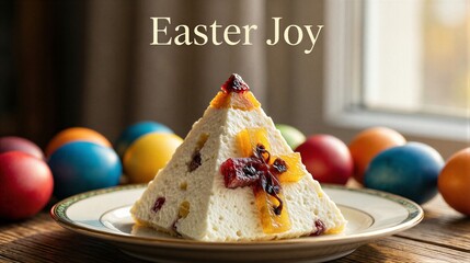 Festive easter delight with pyramid-shaped cheesecake and colorful eggs