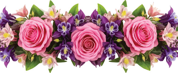 A beautiful symmetrical floral border illustration featuring vibrant pink roses and delicate purple columbine flowers arranged elegantly on a clean white background.
