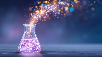 Reactive Matter Catalyst Moment Glowing Purple Liquid Erupting into Golden Particles in Conical Flask Science and Magic Concept Experimental Catalyst