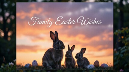 Family easter wishes with bunnies at sunset in outdoor setting
