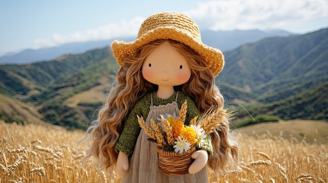 Cute handmade doll with straw hat holding wildflowers in basket standing in wheat field with mountain view
