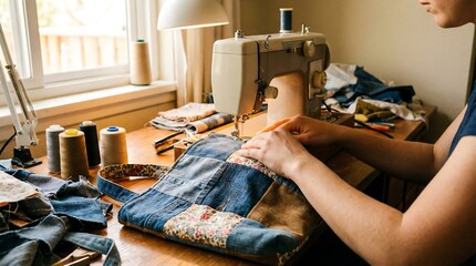 Woman sewing a patchwork bag on a sewing machine, demonstrating handicraft, hobby and creative process for textile, fabric, and DIY concepts.