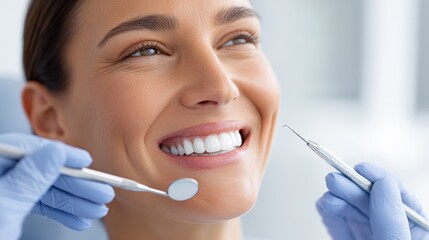 Smiling woman with perfect teeth is receiving dental care from a professional, showcasing tools and a bright, clean dental office environment, emphasizing oral health and hygiene