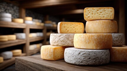 Assorted cheese varieties stacked on wooden table in a rustic cheese cellar, showcasing textures and colors, with shelves filled with more cheese in the background