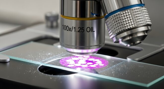 Extreme close-up of a high-magnification oil immersion objective lens examining glowing purple circular structures on a laboratory microscope slide